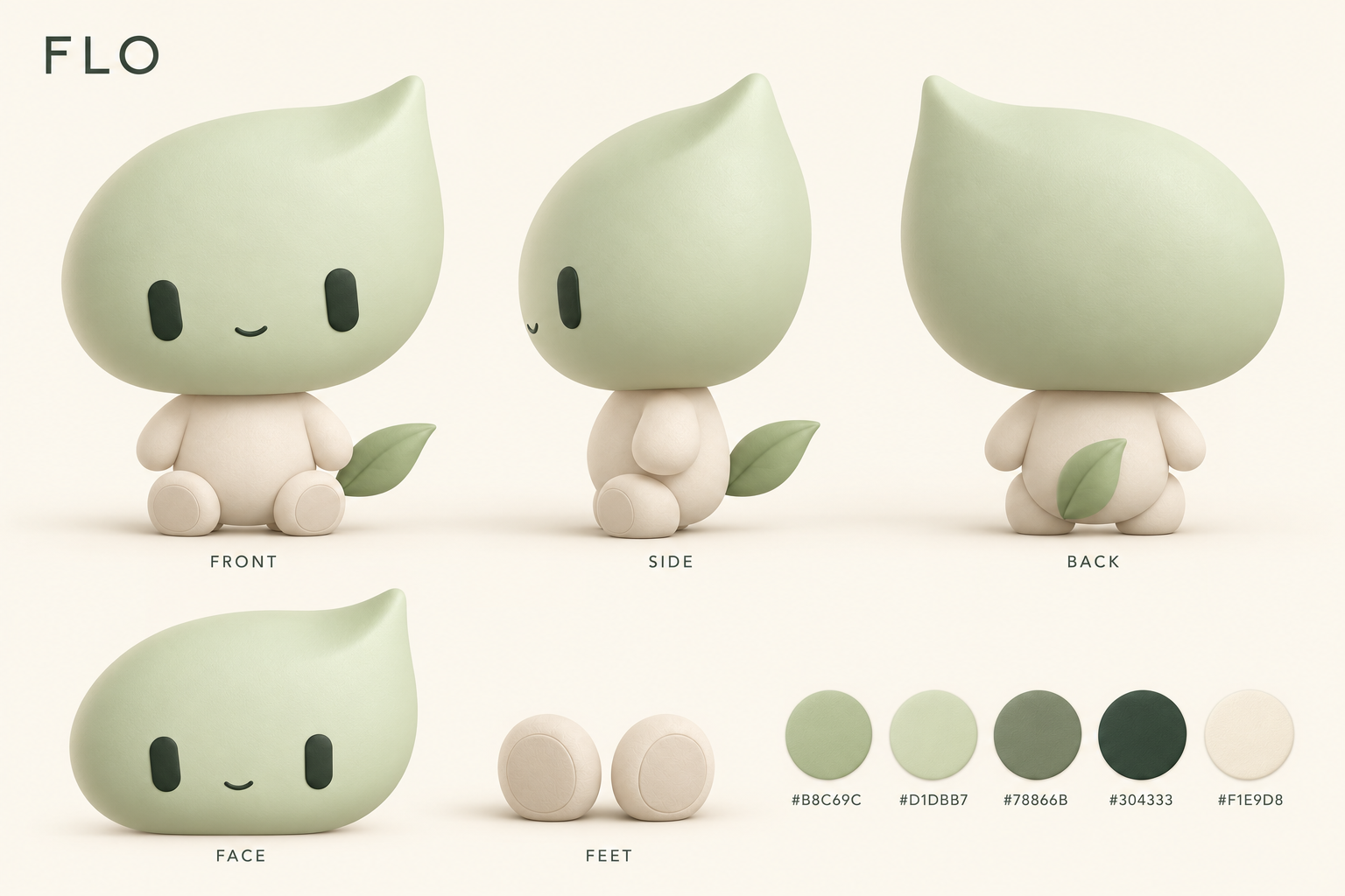 Flo character reference: front, side and back views, face and feet details, and color palette